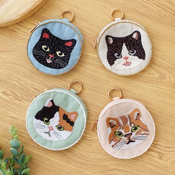 貓咪刺繡圓形珠片小袋