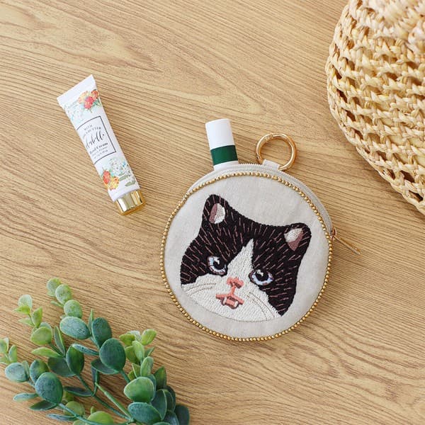 貓咪刺繡圓形珠片小袋