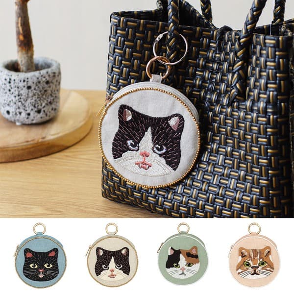 貓咪刺繡圓形珠片小袋
